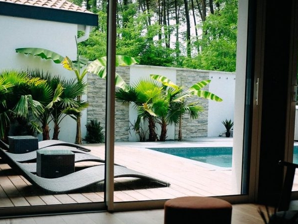 villa d'architecte en bordure de forêt avec spa, piscine, palmiers
